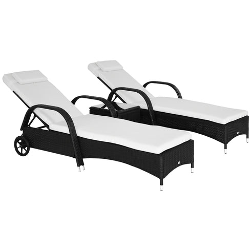 3 Piece Wicker Lounge Chair Set Outdoor Loungers With Armrests Cushion Headrest Side Table Wheel Black